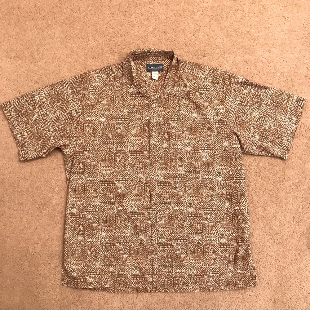 Cooke Street Honolulu Hawaiian Shirt Mens Size L Tan White Cotton Relaxed Fit